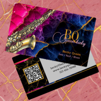 Modern Gold Saxophone Jazz & QR Code, Monogram Business Card