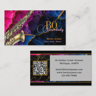 Modern Gold Saxophone Jazz & QR Code, Monogram Business Card