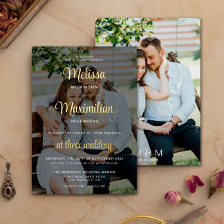 Modern gold script 2 photos wedding black overlay 