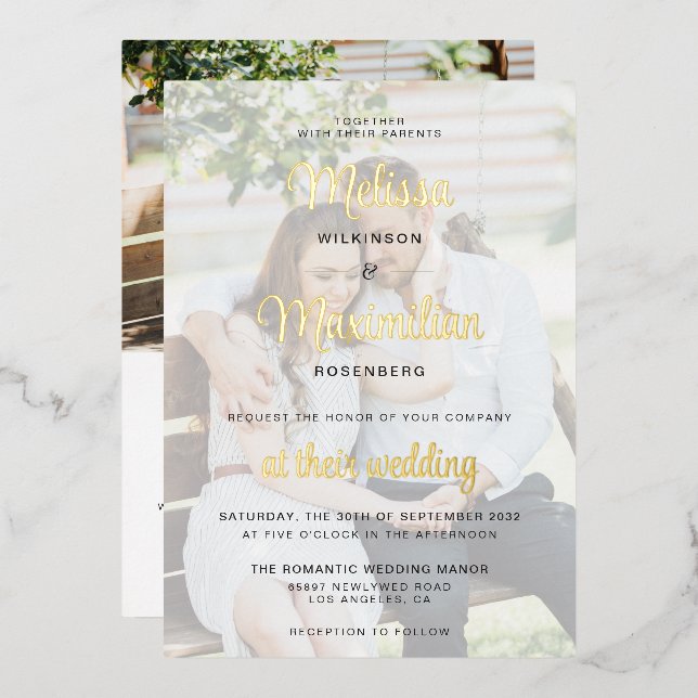 Modern gold script 2 photos with online RSVP gold (Front/Back)