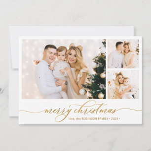 Modern Gold Script 3 Photo Collage Christmas  Holiday Card