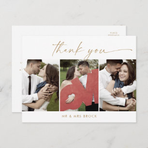 Modern Gold Script 3 Photo Template Thank You Postcard