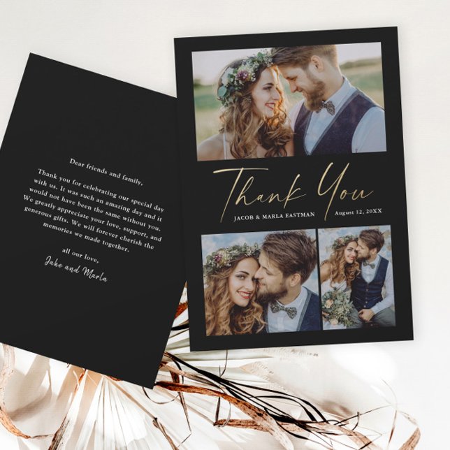 Modern Gold Script 3 Photo Wedding Thank You Card (Creator Uploaded)