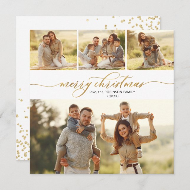 Modern Gold Script 4 Multi Photo Christmas Holiday Card (Front/Back)