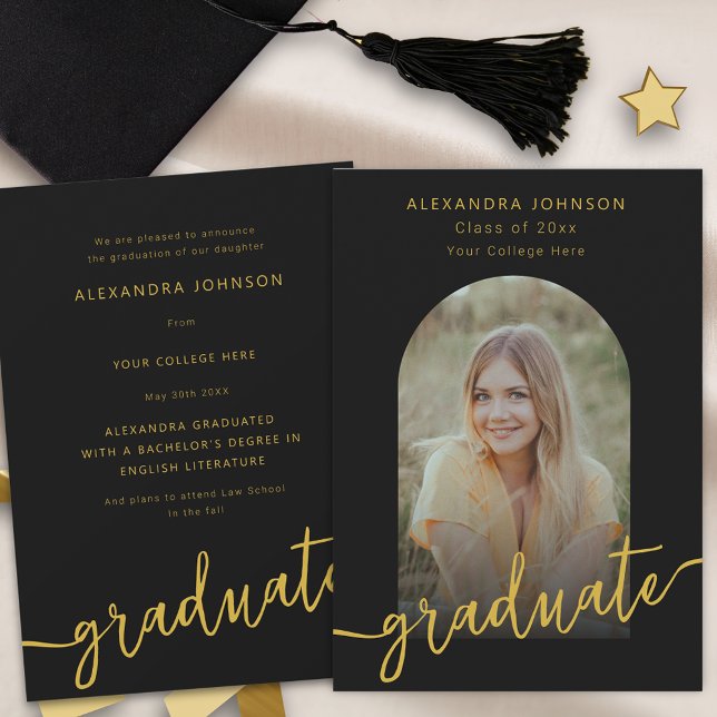 Modern Gold Script Arch Photo Graduation Announcement (Modern trendy black and gold script arch photo graduation announcement card )