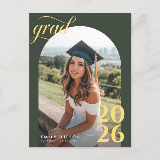 Modern Gold Script Arch Photo Graduation Thank You Postcard (Front)