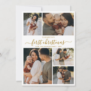 Modern Gold Script Baby’s First Christmas 5 Photo Holiday Card