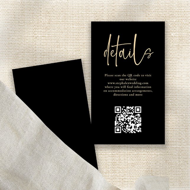 Modern Gold Script Black QR Code Wedding Details  Enclosure Card (Front and back view)
