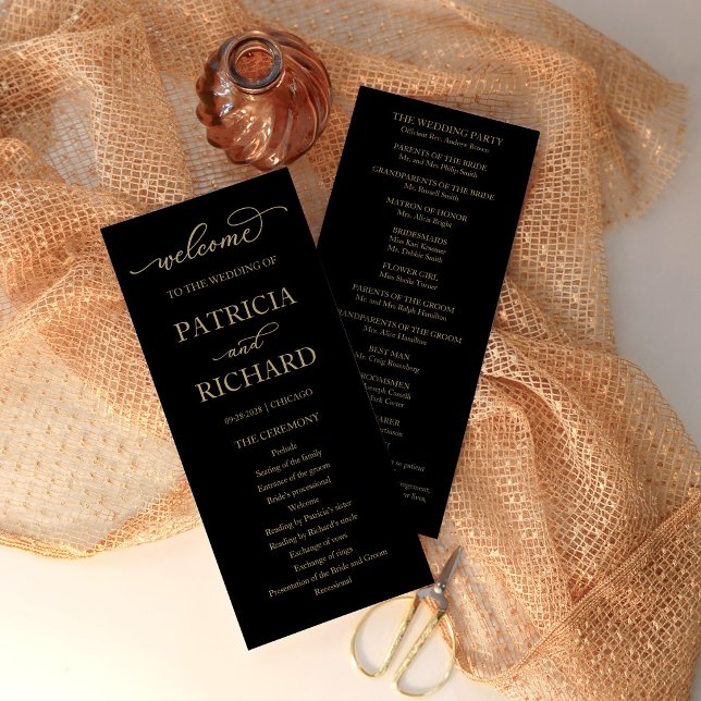 Modern Gold Script Black Wedding Program Card (Creator Uploaded)