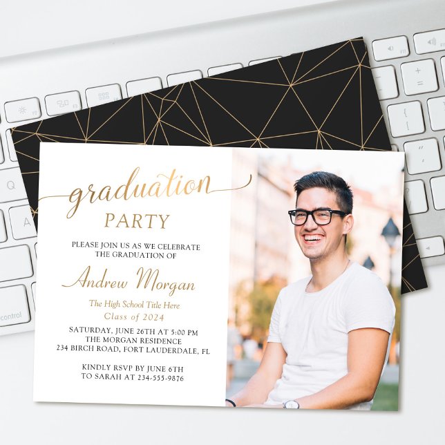 Modern Gold Script Black & White Graduation Photo Invitation (Creator Uploaded)