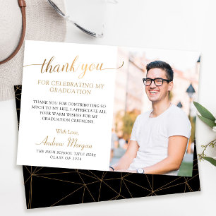Modern Gold Script Black & White Graduation Photo Thank You Card