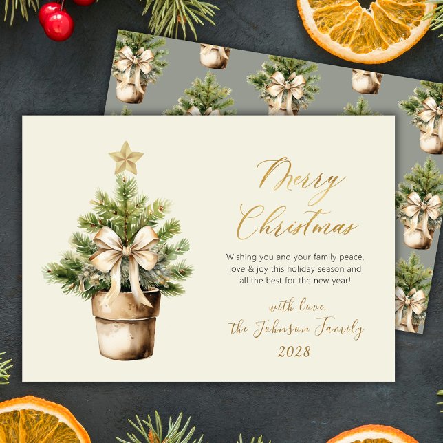 Modern Gold Script Bow Watercolor Christmas Tree  Holiday Card (Creator Uploaded)