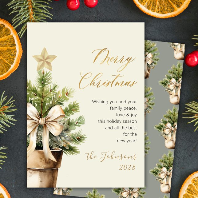 Modern Gold Script Bow Watercolor Christmas Tree Holiday Card (Creator Uploaded)