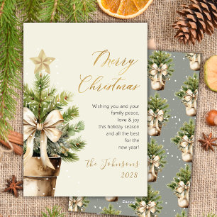 Modern Gold Script Bow Watercolor Christmas Tree Holiday Card