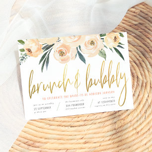 Modern Gold Script Brunch & Bubbly Blush Flowers Invitation