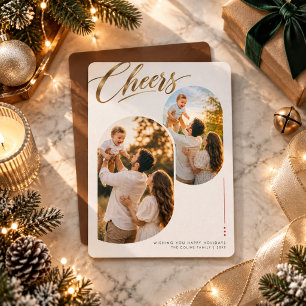Modern Gold Script Cheers Double Photo Christmas Holiday Card