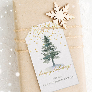 Modern Gold Script Christmas Tree Happy Holidays Gift Tags