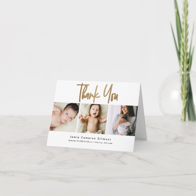 Modern Gold Script Custom 3 photo Baby Thank You Card (Front)