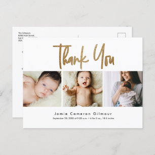 Modern Gold Script Custom 3 photo Baby Thank You Postcard