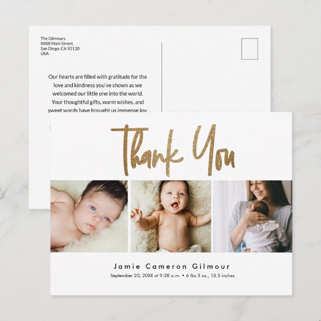 Modern Gold Script Custom 3 photo Baby Thank You Postcard (Front/Back)