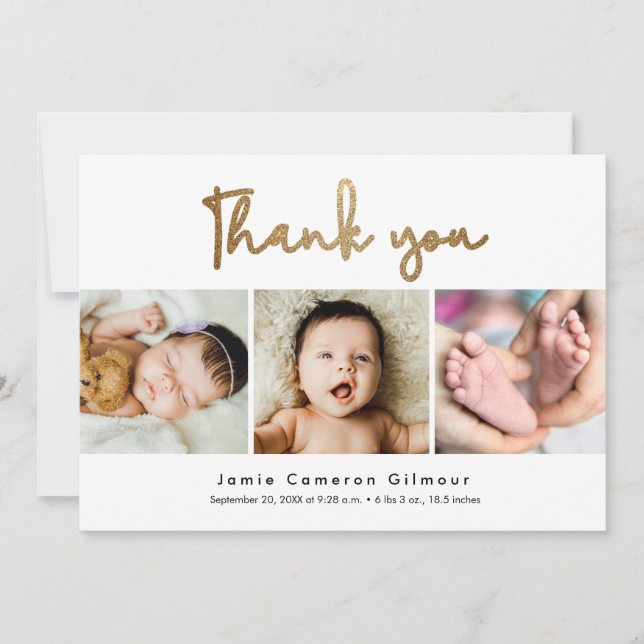 Modern Gold Script Custom 3 photos Baby Shower Thank You Card (Front)