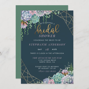 Modern Gold Script Cute Succulents Bridal Shower Invitation