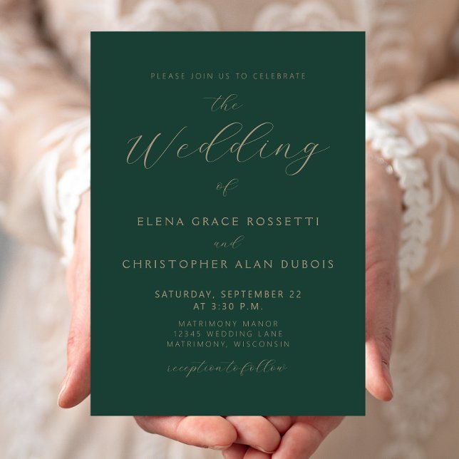 Modern Gold Script Dark Green Wedding Invitation (Creator Uploaded)
