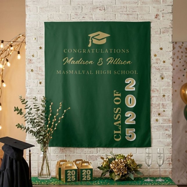  Modern Gold Script Emerald Green Twin Graduation Tapestry (Creator Uploaded)