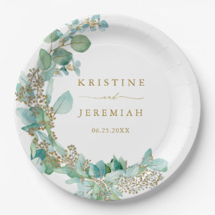Modern Gold Script Eucalyptus Watercolor Wedding Paper Plate