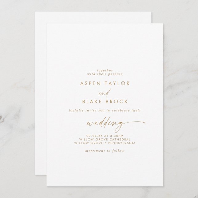 Modern Gold Script Front and Back Wedding Invitation (Front/Back)