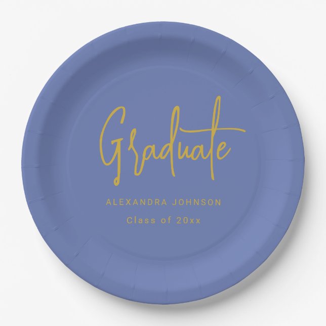 Modern Gold Script Graduation Party Blue Custom Paper Plate (Front)