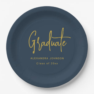 Modern Gold Script Graduation Party Blue Custom Paper Plate