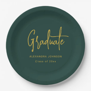 Modern Gold Script Graduation Party Green Custom Paper Plate