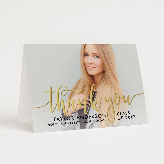 Modern Gold Script Graduation Photo Thank You Foil Greeting Card (Creator Uploaded)