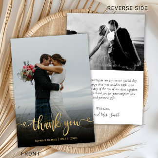 Modern Gold Script Hand Lettered Wedding Photo Thank You Card