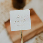 Modern Gold Script Her Favourite Wedding Favour Square Sticker<br><div class="desc">These modern gold script her favourite wedding favour stickers are perfect for a minimalist wedding. The simple yellow gold colour design features unique industrial lettering typography with modern boho style. Customizable in any colour. Keep the design minimal and elegant, as is, or personalize it by adding your own graphics and...</div>