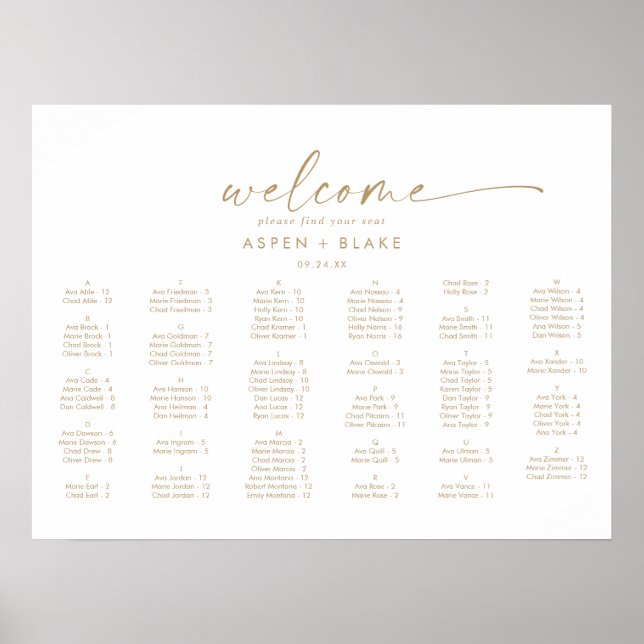 Modern Gold Script Horizontal Alphabetical Seating Poster (Front)