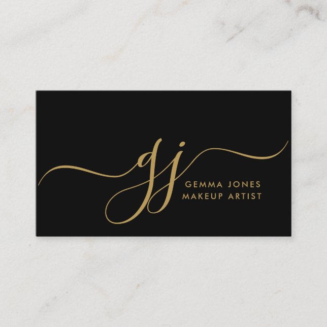 Modern Gold Script Initials Makeup Artist Black Business Card (Front)