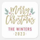 Modern Gold Script Merry Christmas Custom Square Sticker (Front)