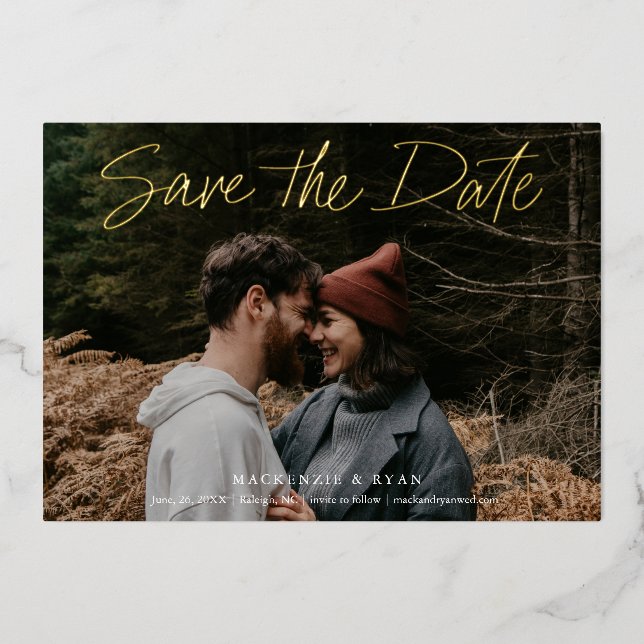 Modern Gold Script Minimal Photo Save the Date (Front)