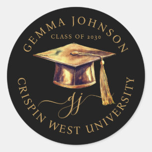 Modern Gold Script Minimalist Graduation Black  Classic Round Sticker