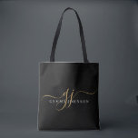 Modern Gold Script Monogram Initials Black Tote Bag<br><div class="desc">An elegant modern minimalist style monogrammed tote bag,  with a sans serif name and elegant gold swash script initials on black.</div>