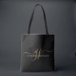 Modern Gold Script Monogram Initials Black Tote Bag<br><div class="desc">An elegant modern minimalist style monogrammed tote bag, with a sans serif name and elegant gold swash script initials on black.</div>