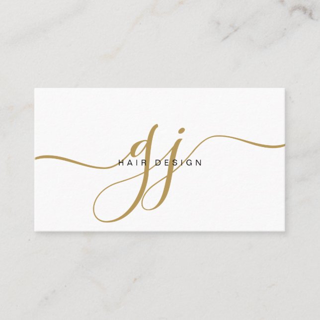 Modern Gold Script Monogram Initials Hair Stylist Business Card (Front)