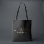 Modern Gold Script Monogram Initials Tote Bag<br><div class="desc">An elegant modern minimalist style monogrammed tote bag, with a sans serif name and elegant gold swash script initials on black.</div>
