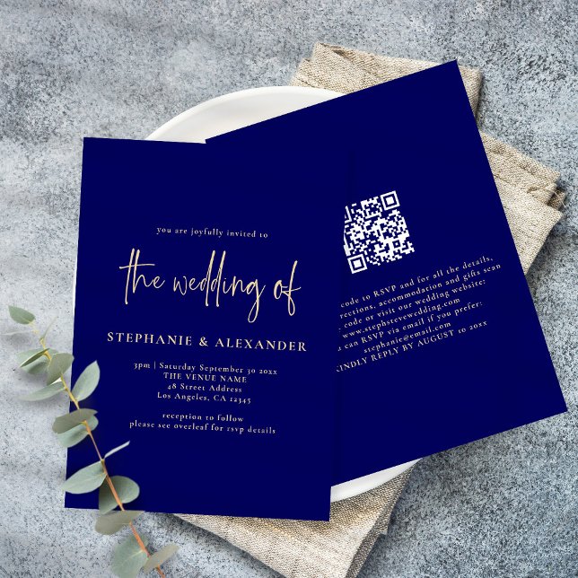 Modern Gold Script Navy Blue QR Code Wedding Invitation (Creator Uploaded)