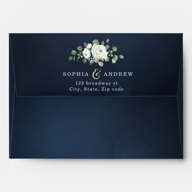 Modern gold script navy blue white floral wedding envelope (Back (Top Flap))