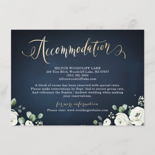 Modern gold script navy white floral accommodation enclosure card (Front)