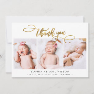 Modern Gold Script Newborn 3 Baby Photo Thank You