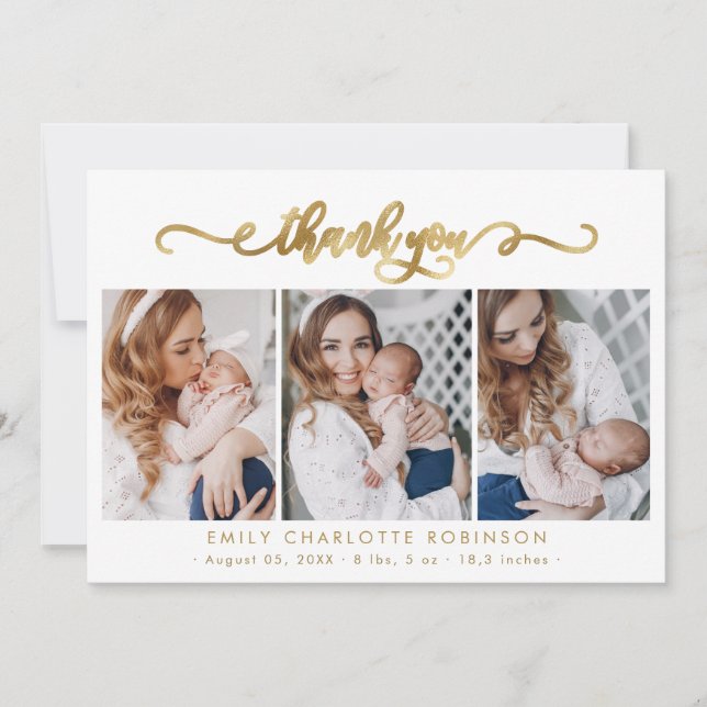Modern Gold Script Newborn Baby 3 Photo Thank You Card (Front)